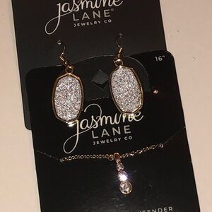 Jasmine Lane Gold Tone Dainty Necklace and Silver Faux Druzy Earrings